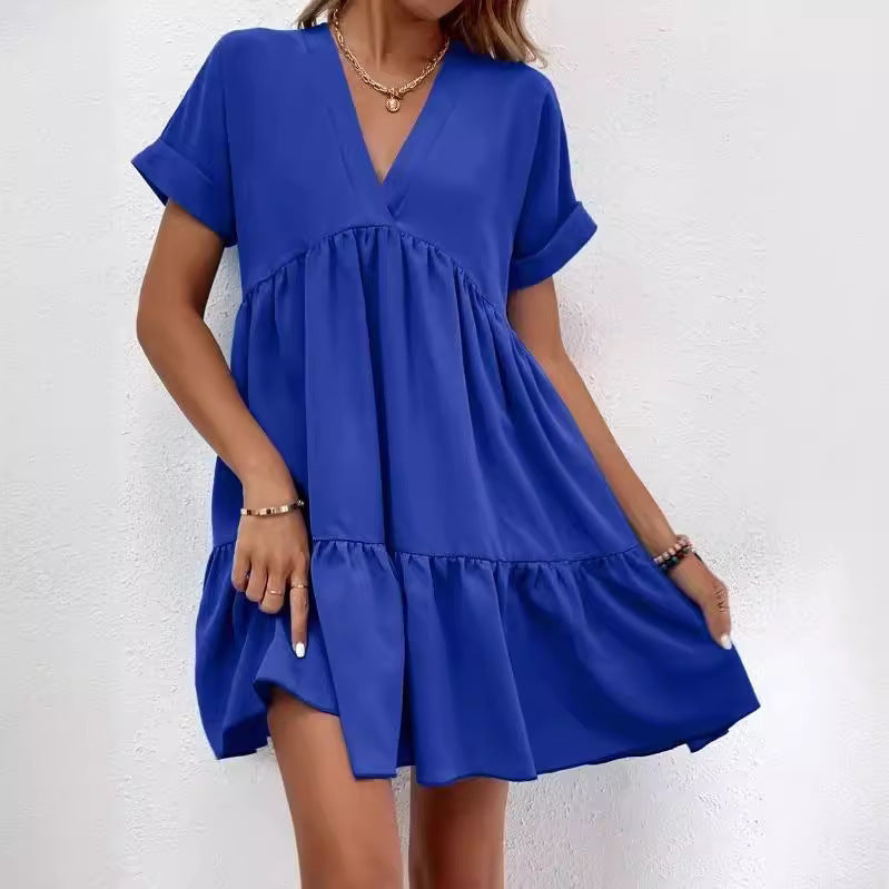 Sweet V-neck Solid Color Wide Hem Leisure Skirt Dress