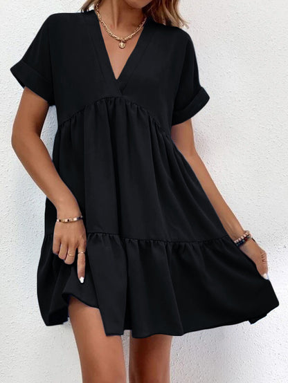 Sweet V-neck Solid Color Wide Hem Leisure Skirt Dress