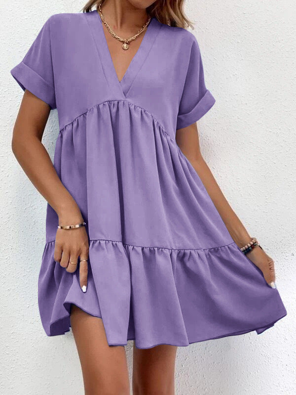 Sweet V-neck Solid Color Wide Hem Leisure Skirt Dress