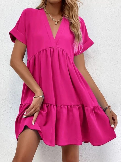 Sweet V-neck Solid Color Wide Hem Leisure Skirt Dress