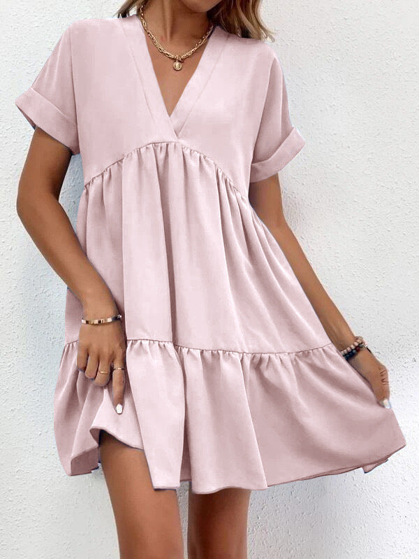 Sweet V-neck Solid Color Wide Hem Leisure Skirt Dress