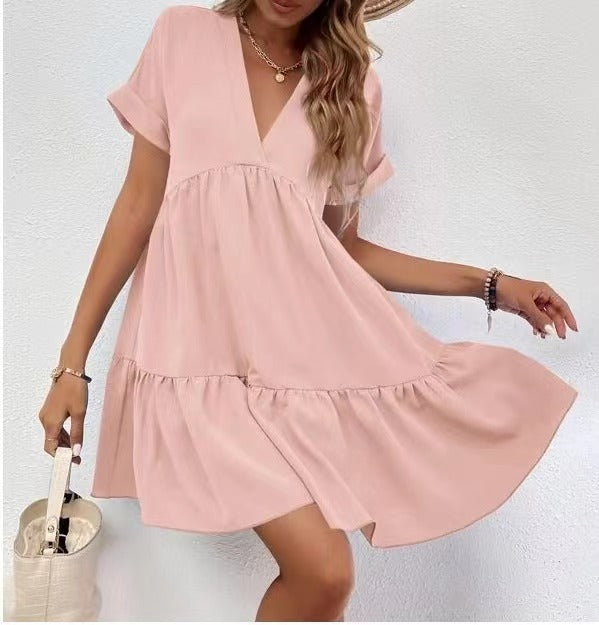 Sweet V-neck Solid Color Wide Hem Leisure Skirt Dress