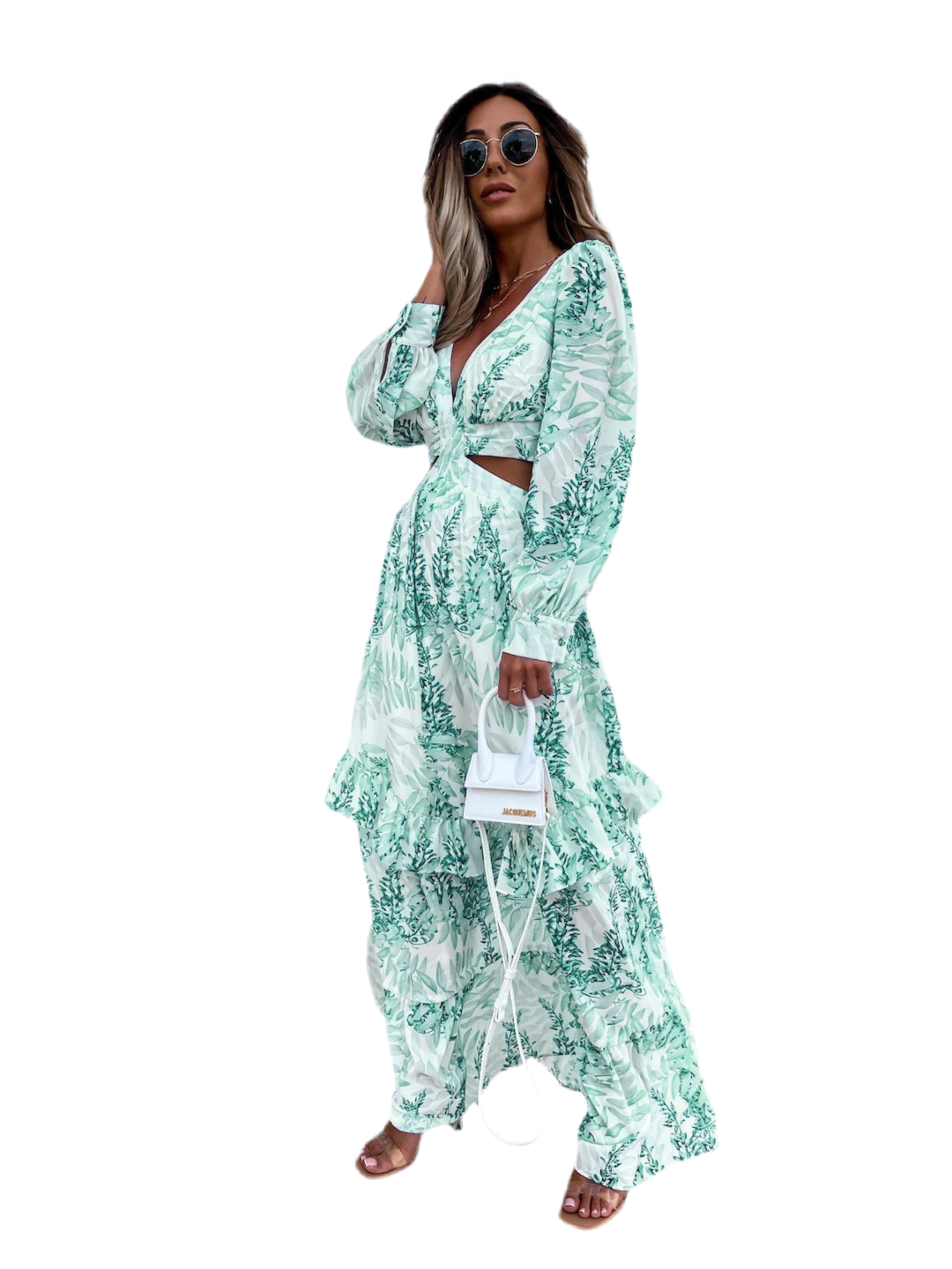 Elegant Women's Hollow Floor V-neck Long-sleeved Plant Dress Long Dresses Spring Summer Print V-neck Long Sleeve Dress