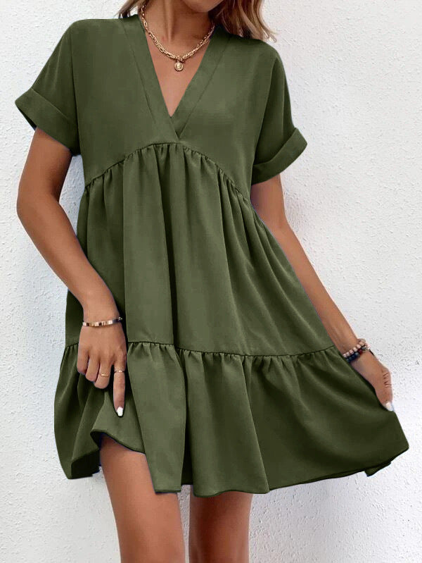 Sweet V-neck Solid Color Wide Hem Leisure Skirt Dress