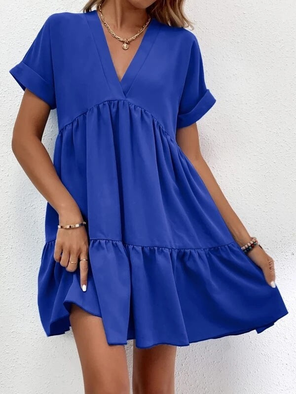 Sweet V-neck Solid Color Wide Hem Leisure Skirt Dress