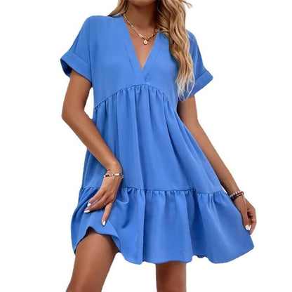 Sweet V-neck Solid Color Wide Hem Leisure Skirt Dress