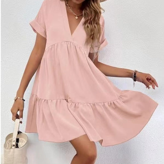 Sweet V-neck Solid Color Wide Hem Leisure Skirt Dress