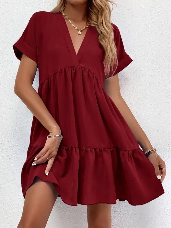 Sweet V-neck Solid Color Wide Hem Leisure Skirt Dress